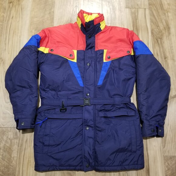 Vintage Colorblock Ski Coat Parka M Mens Retro Streetwear Belted Jacket SASSON - Picture 1 of 11